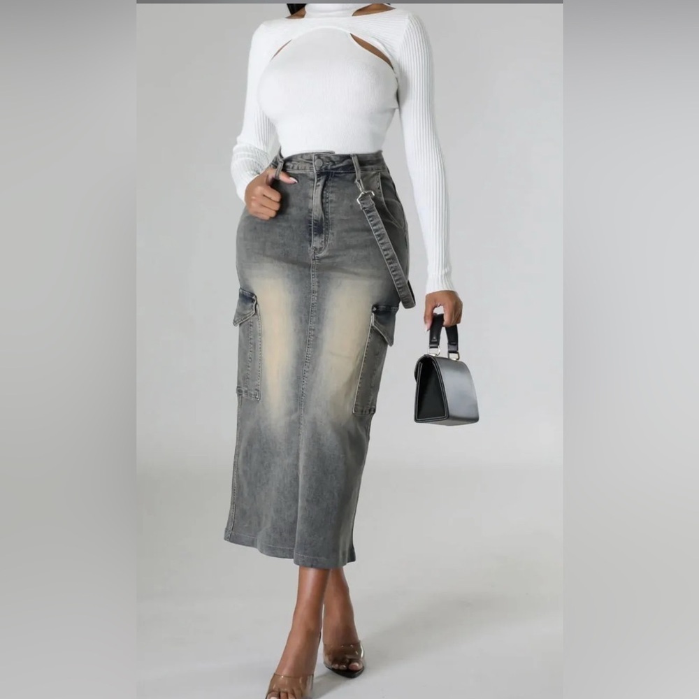 White Cutout Top and Gray Denim Skirt